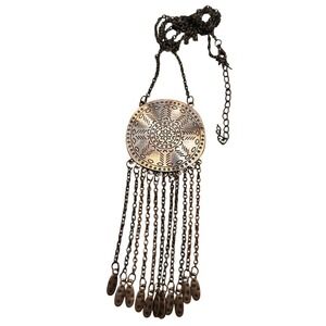 Boho Antiqued Copper Medallion Fringe Statement Necklace Geometric Tribal Drop